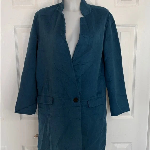 ZARA TEAL BLUE WOOL BLEND LONGLINE HAND-MADE 1 BUTTON CLOSURE DRESS COAT SZ MED - Picture 6 of 12